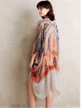 Anthropologie Orange & Navy Paisley Kimono Cape